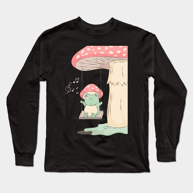 Cottagecore Aesthetic Kawaii Frog Mushroom Music Long Sleeve T-Shirt by Alex21